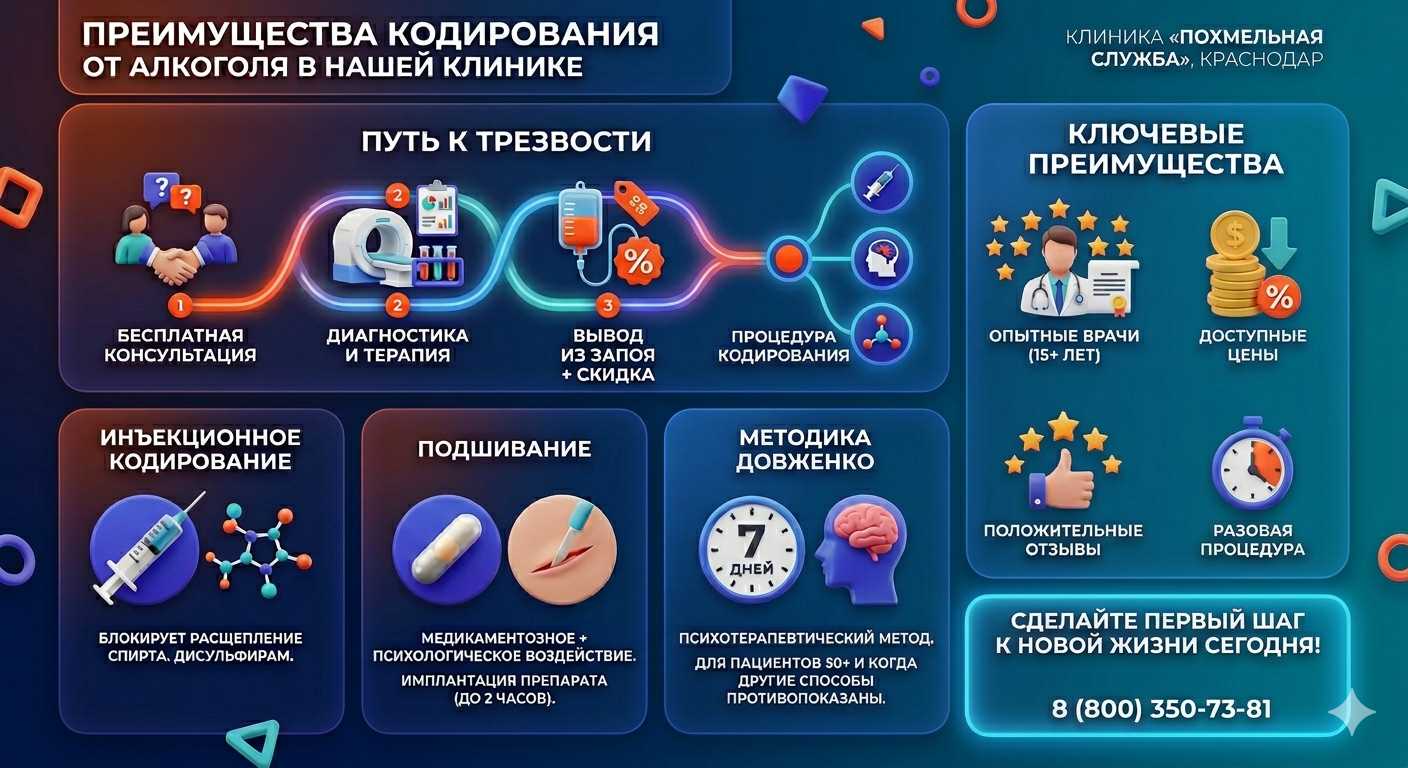 Инфографика о методах кодирования от алкоголя в Котельниково: инъекции, подшивание, метод Довженко. Преимущества клиники и этапы лечения.