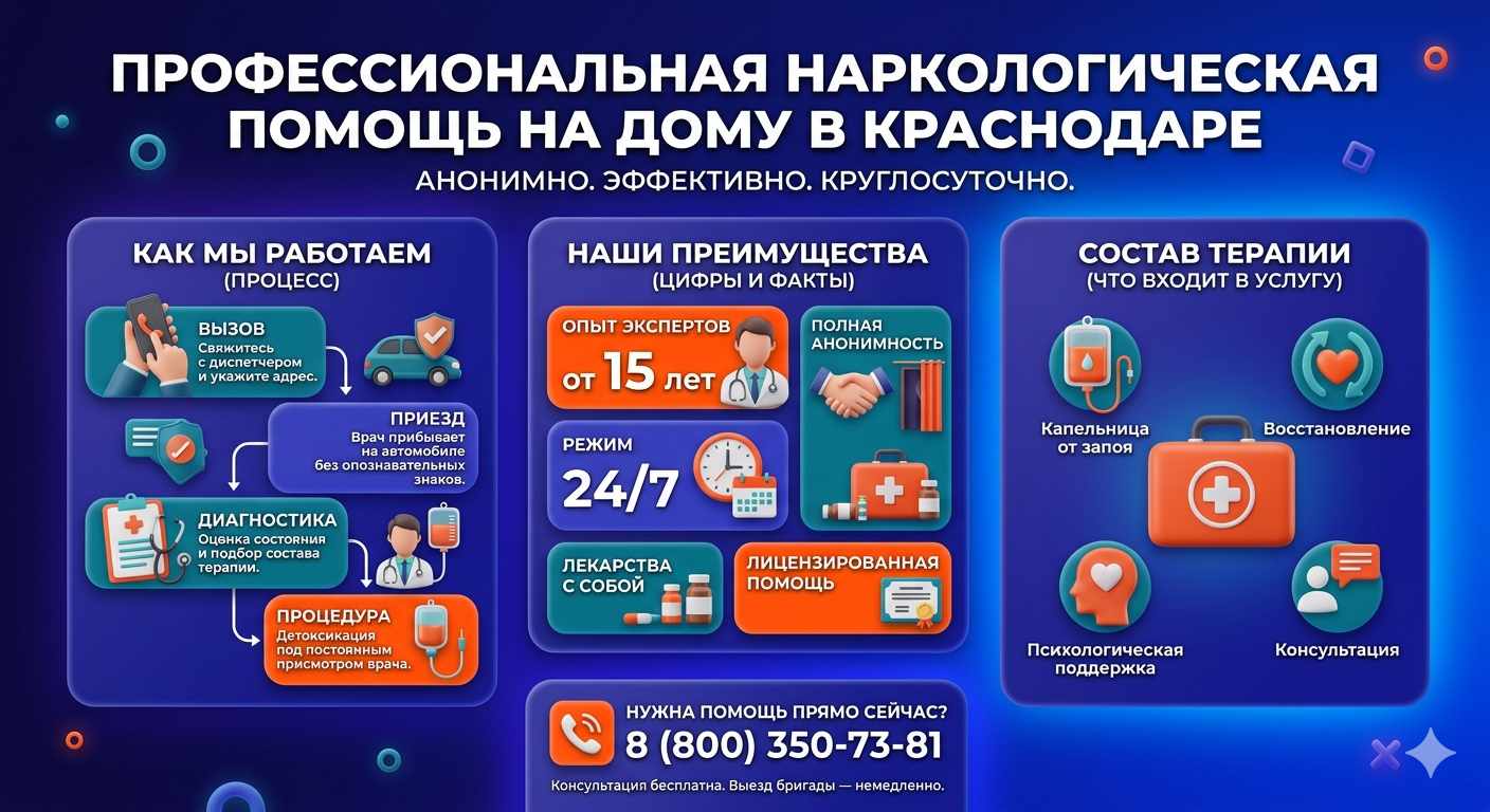 Инфографика о принципах лечения алкоголизма на дому в Котельниково: этапы вызова нарколога, преимущества анонимной детоксикации и состав медицинской помощи.
